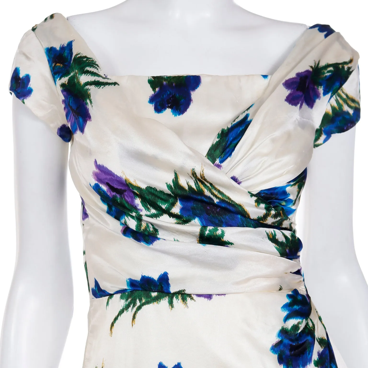 1960s Fine Silk Ivory Dress W Bold Blue Flowers & Ruched Bodice