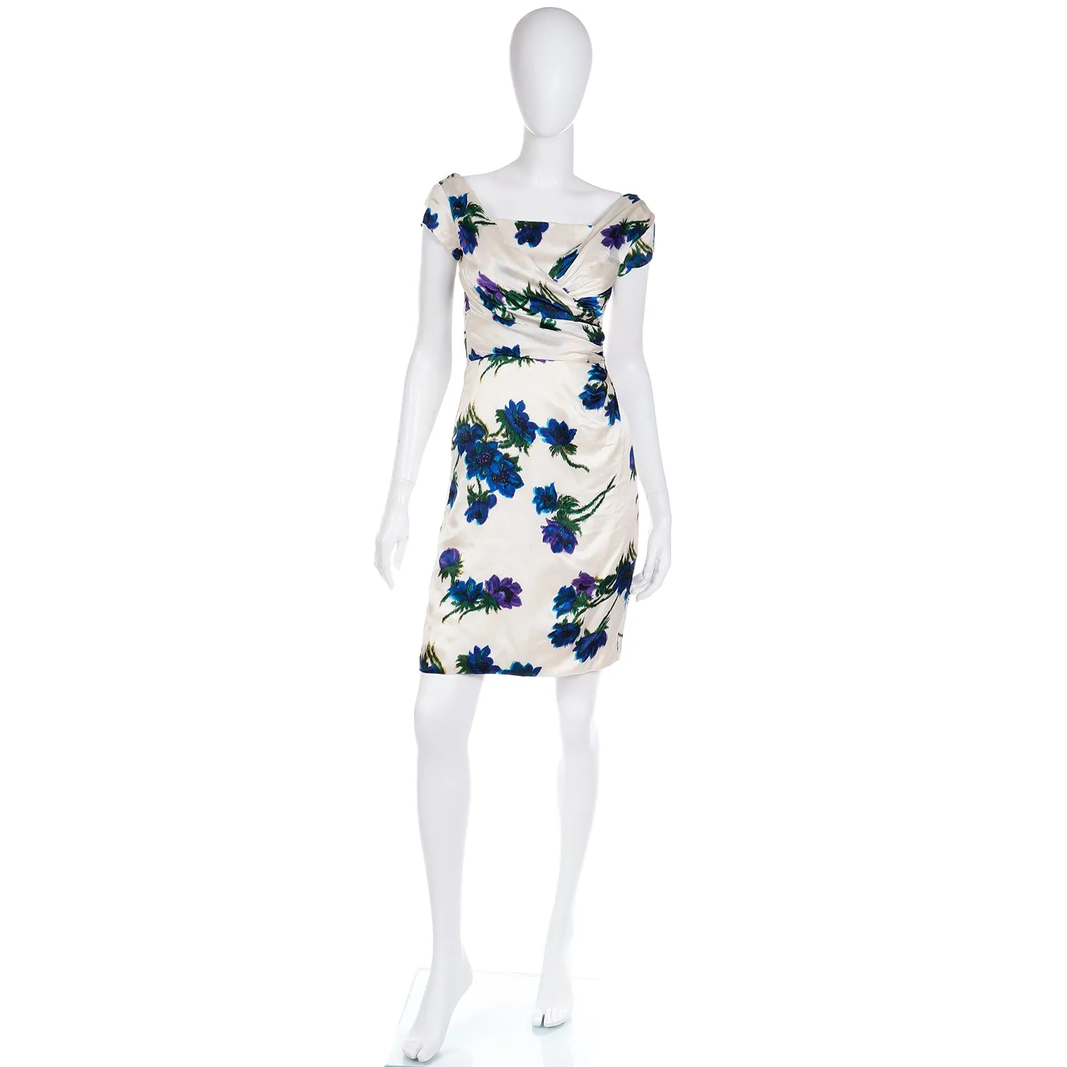 1960s Fine Silk Ivory Dress W Bold Blue Flowers & Ruched Bodice