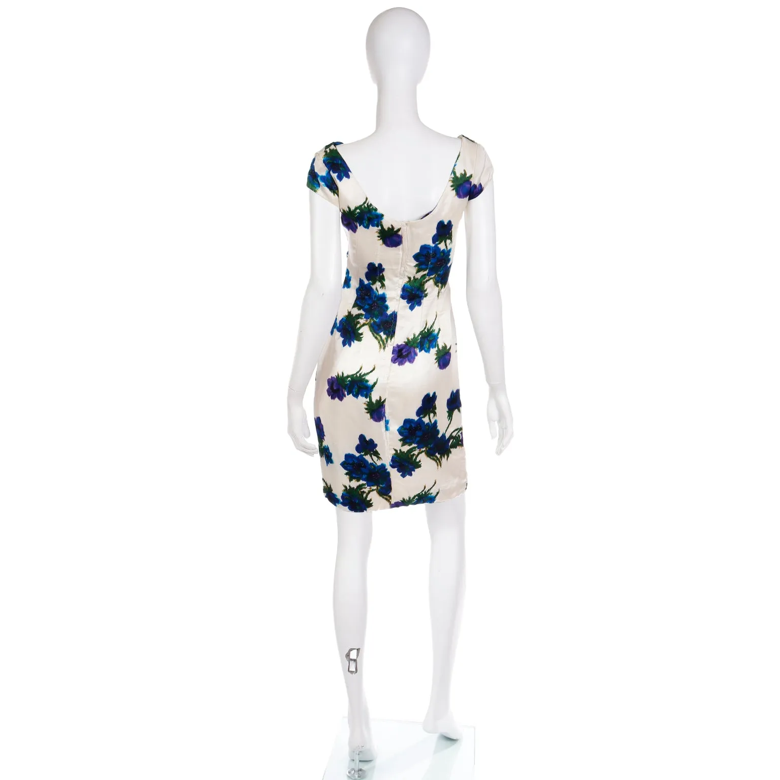 1960s Fine Silk Ivory Dress W Bold Blue Flowers & Ruched Bodice