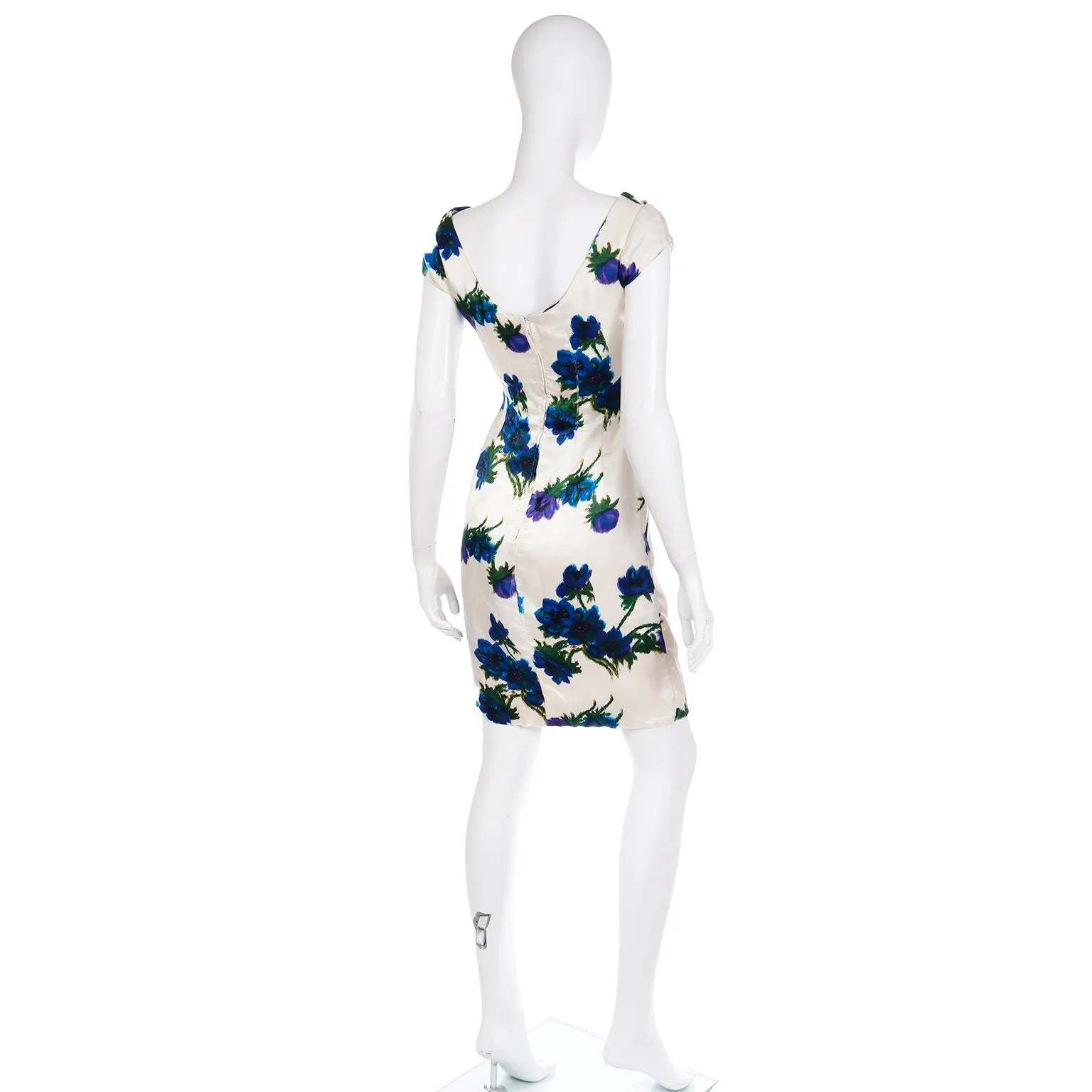 1960s Fine Silk Ivory Dress W Bold Blue Flowers & Ruched Bodice