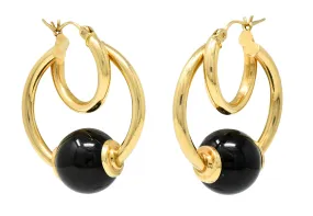 1980's Vintage Onyx 14 Karat Gold Hoop Earrings