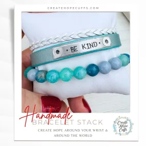 BE KIND Brushed Turquoise Stack | Skinny Cork Set | 3 pieces | Bracelets | Womens