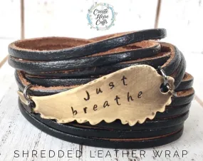 Black | 4 Phrases | Double Leather Wrap | Bronze Wing Bracelet | Adjustable