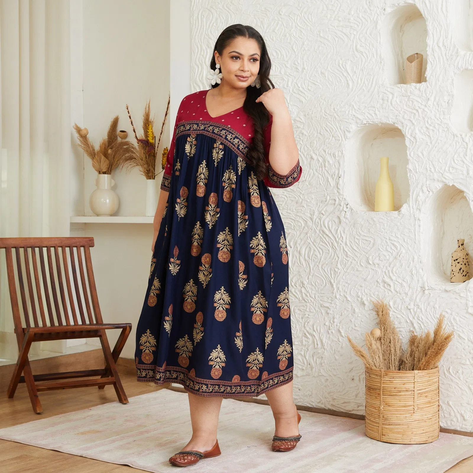 Blue & Maroon V Neck Dress with Gold Buta & Polka Prints - SOM