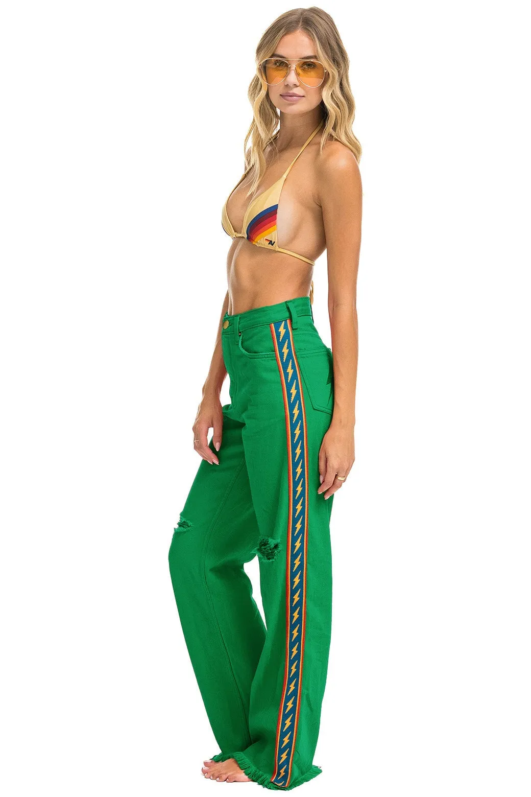 BOLT STRIPE HI RISE WIDE-LEG GYPSY JEAN - KELLY GREEN