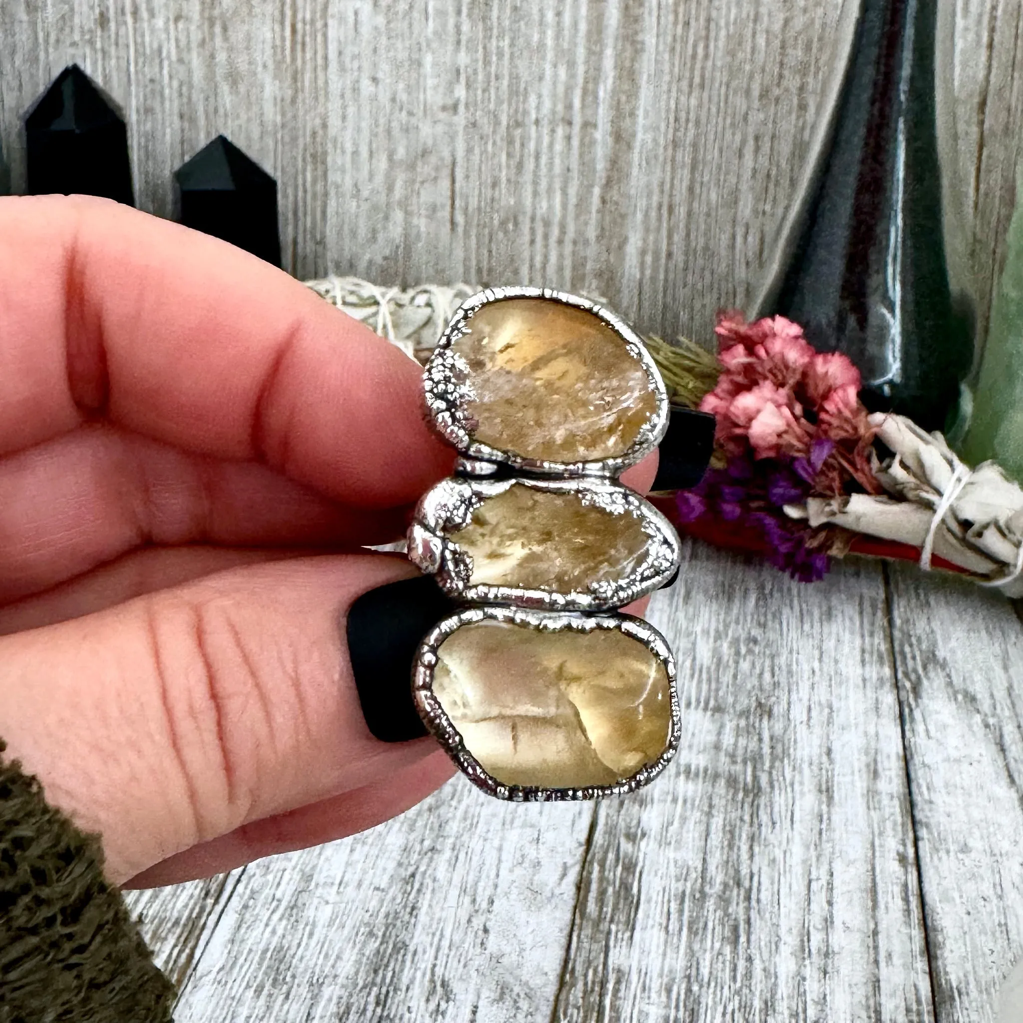 Citrine Ring Size 7.5 Three Stone Ring in Silver/ Foxlark Collection