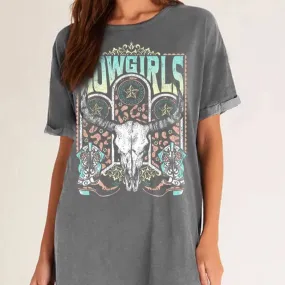 Cowgirl Steer Skull and Boots Graphic T-Shirt Dress