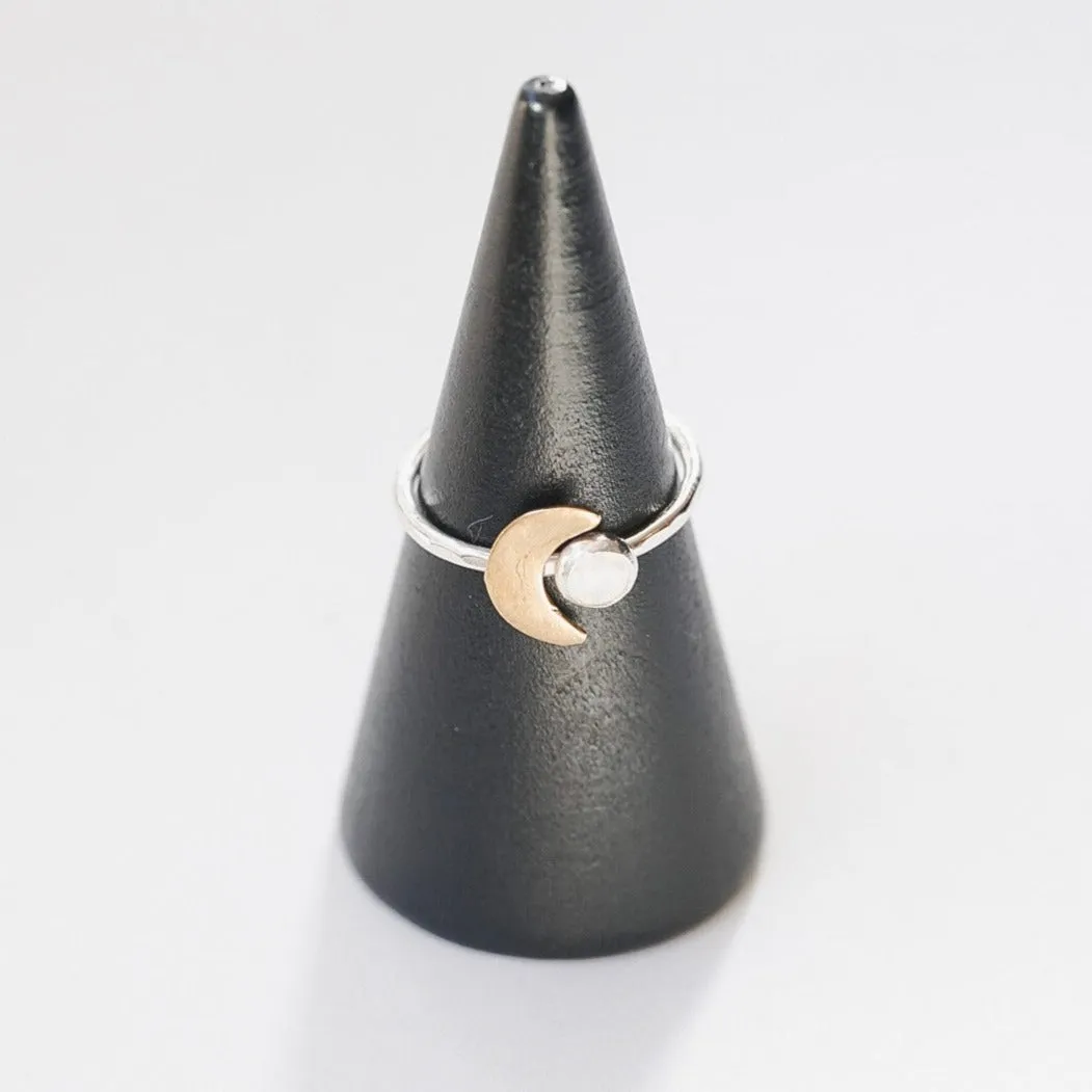 Crescent Moon and Opal Gemstone Stacking Ring in Mixed Metal