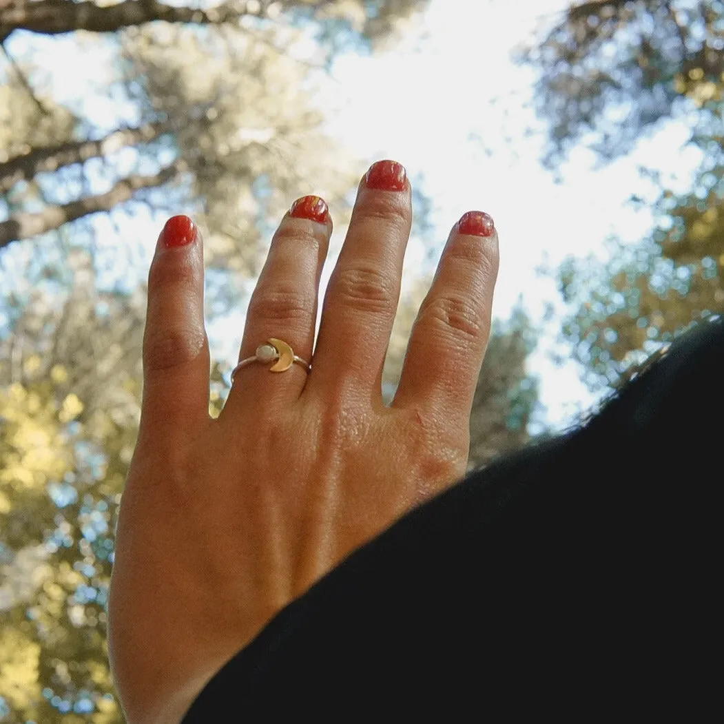 Crescent Moon and Opal Gemstone Stacking Ring in Mixed Metal