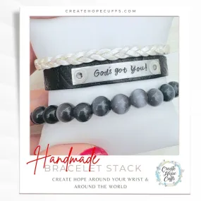 GOD'S GOT YOU Embossed Black Stack | Skinny Leather Set | 3 pieces | Bracelets | Womens