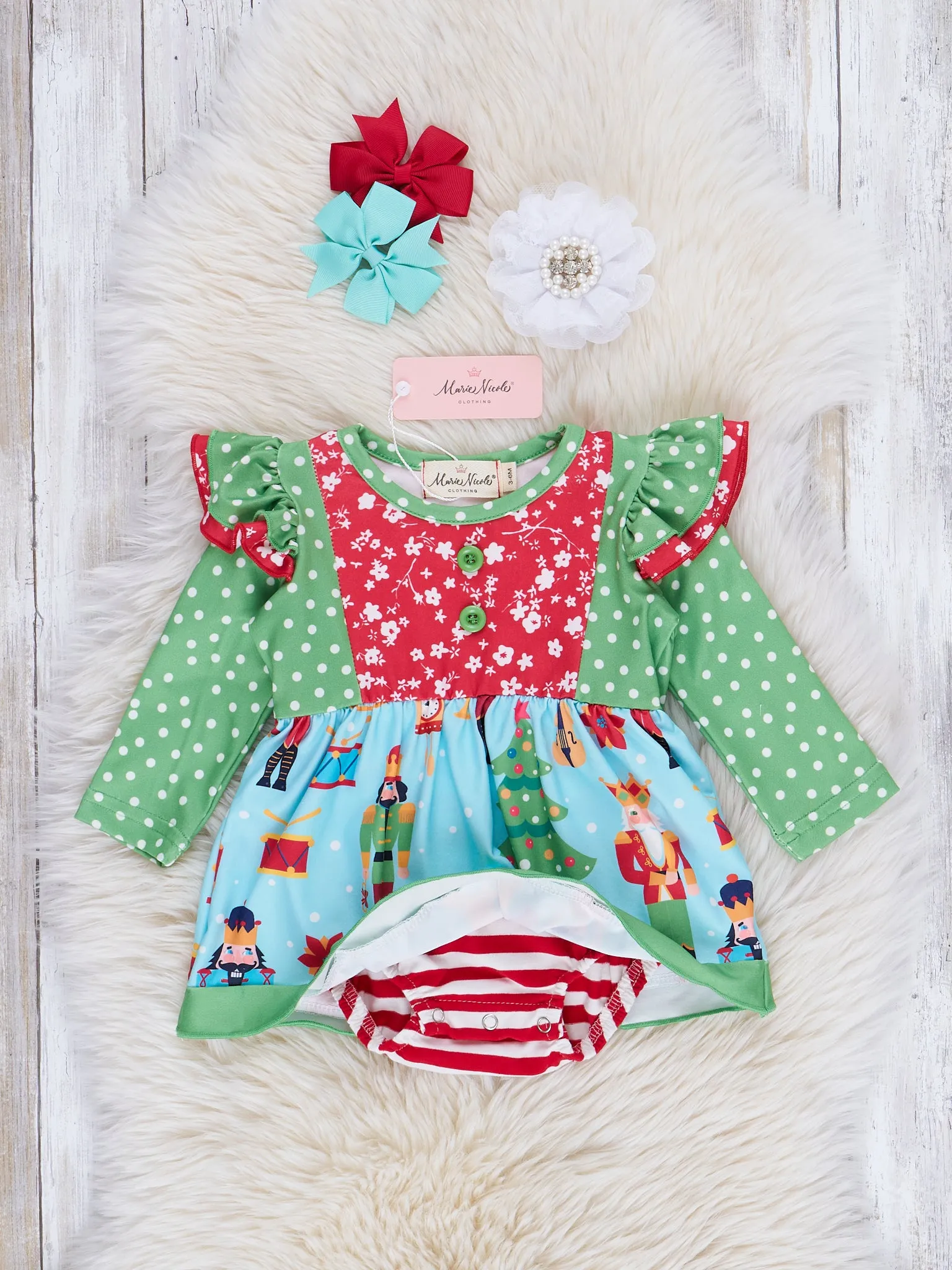 Green & Blue Dots Nutcracker Ruffle Romper