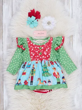 Green & Blue Dots Nutcracker Ruffle Romper