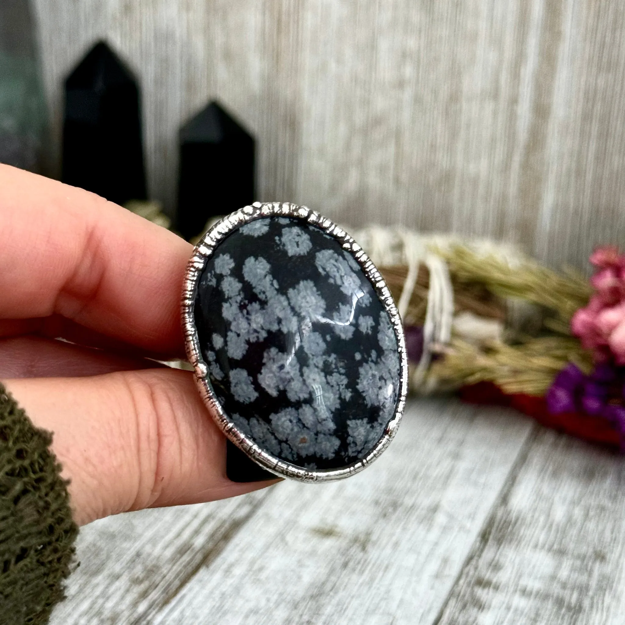 Large Snowflake Obsidian Ring Silver Size 7 8 9 10 11 / Foxlark Collection