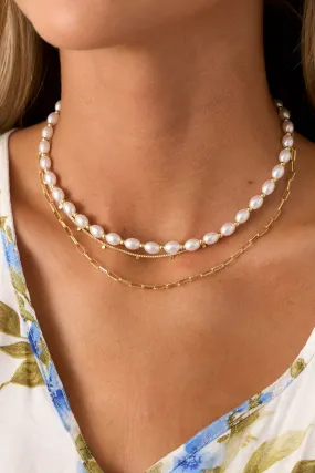 Let's Go Gold & Ivory Pearl Layered Chain Necklace