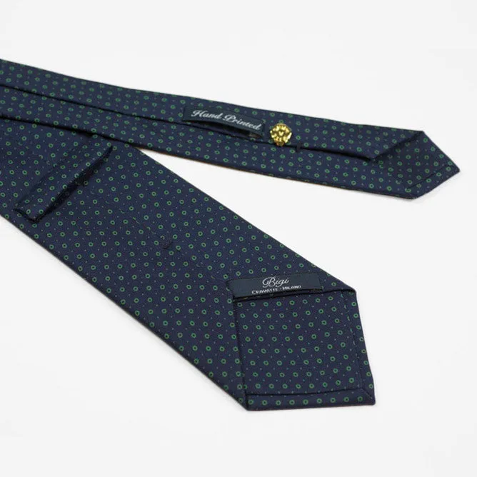 Navy silk tie, green hand-printed circle and dots, self-tipped