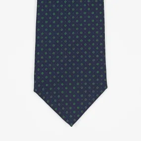 Navy silk tie, green hand-printed circle and dots, self-tipped