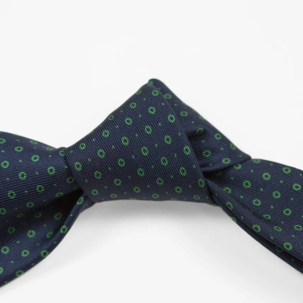 Navy silk tie, green hand-printed circle and dots, self-tipped