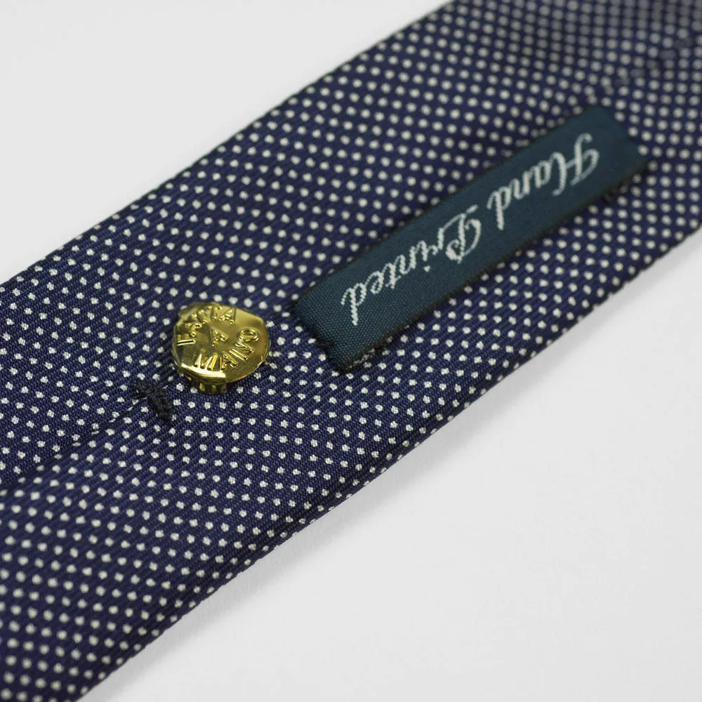 Navy silk tie, hand-printed pin dots, self-tipped