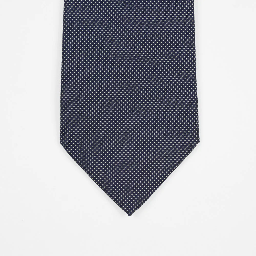 Navy silk tie, hand-printed pin dots, self-tipped