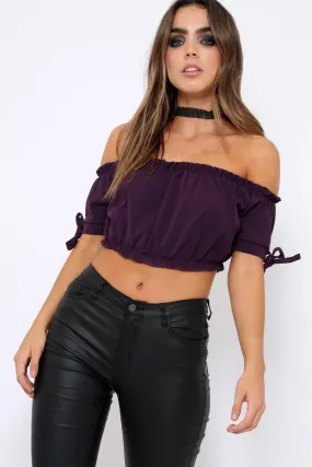 Purple Ruched Bardot Gypsy Crop Top - Janette