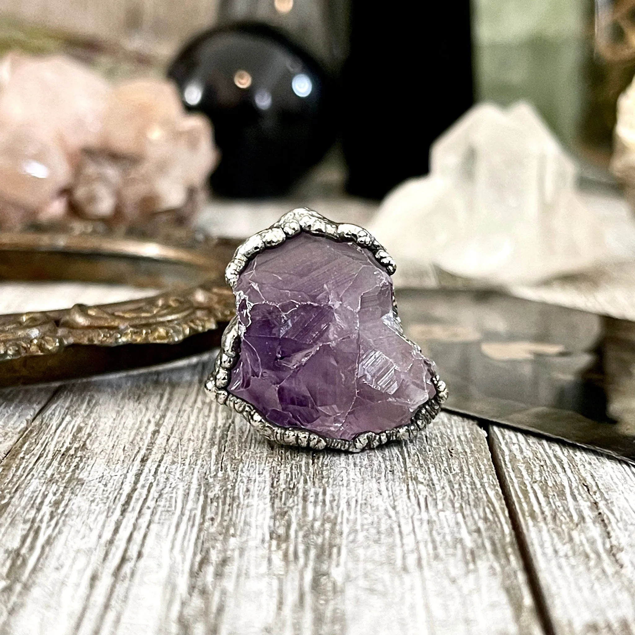 Raw Amethyst Purple Crystal Ring in Fine Silver Medium Size 5 6 7 8 9 // February Birthstone Jewelry