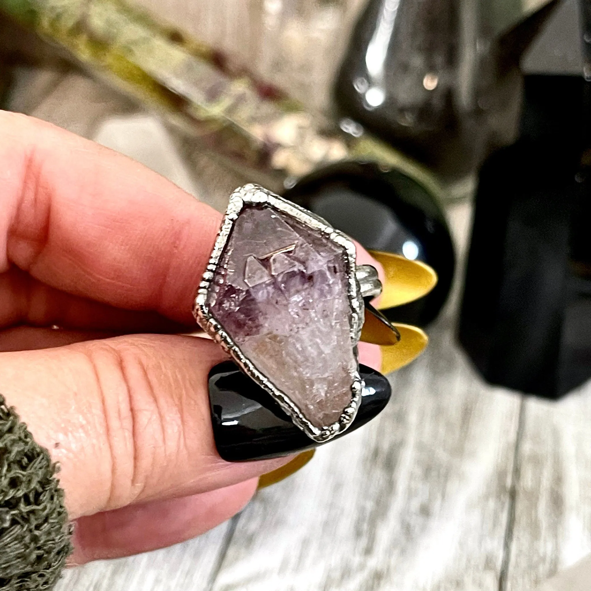 Raw Amethyst Purple Crystal Ring in Fine Silver Medium Size 5 6 7 8 9 // February Birthstone Jewelry