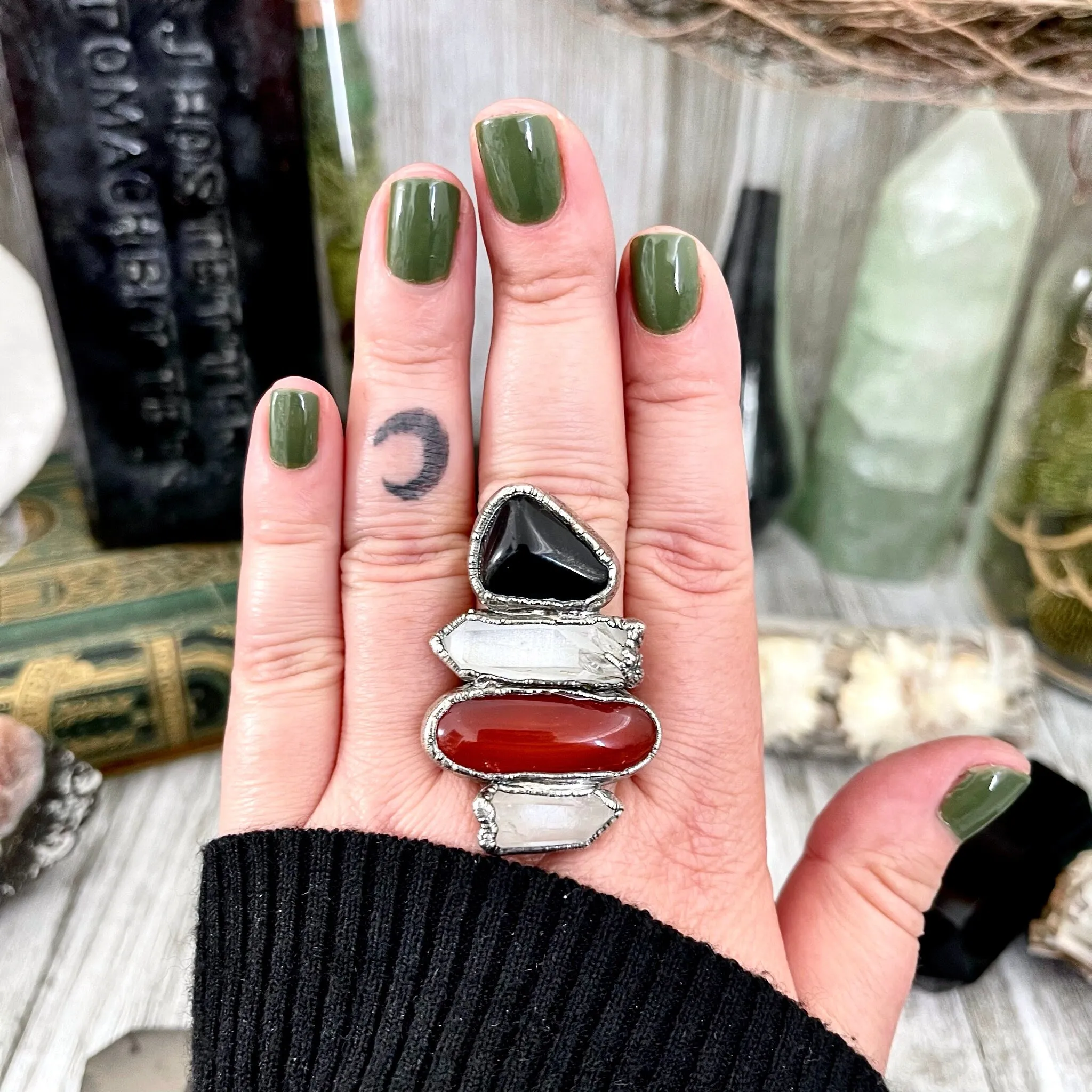 Size 10 Crystal Ring - Four Stone Black Onyx Red Carnelian Clear Quartz Ring In Silver  / Foxlark - One of a Kind /