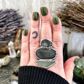 Size 10 Three Stone Ring- Tourmaline Quartz River Rock Sea Glass Crystal Ring Fine Silver / Foxlark Collection - One of a Kind