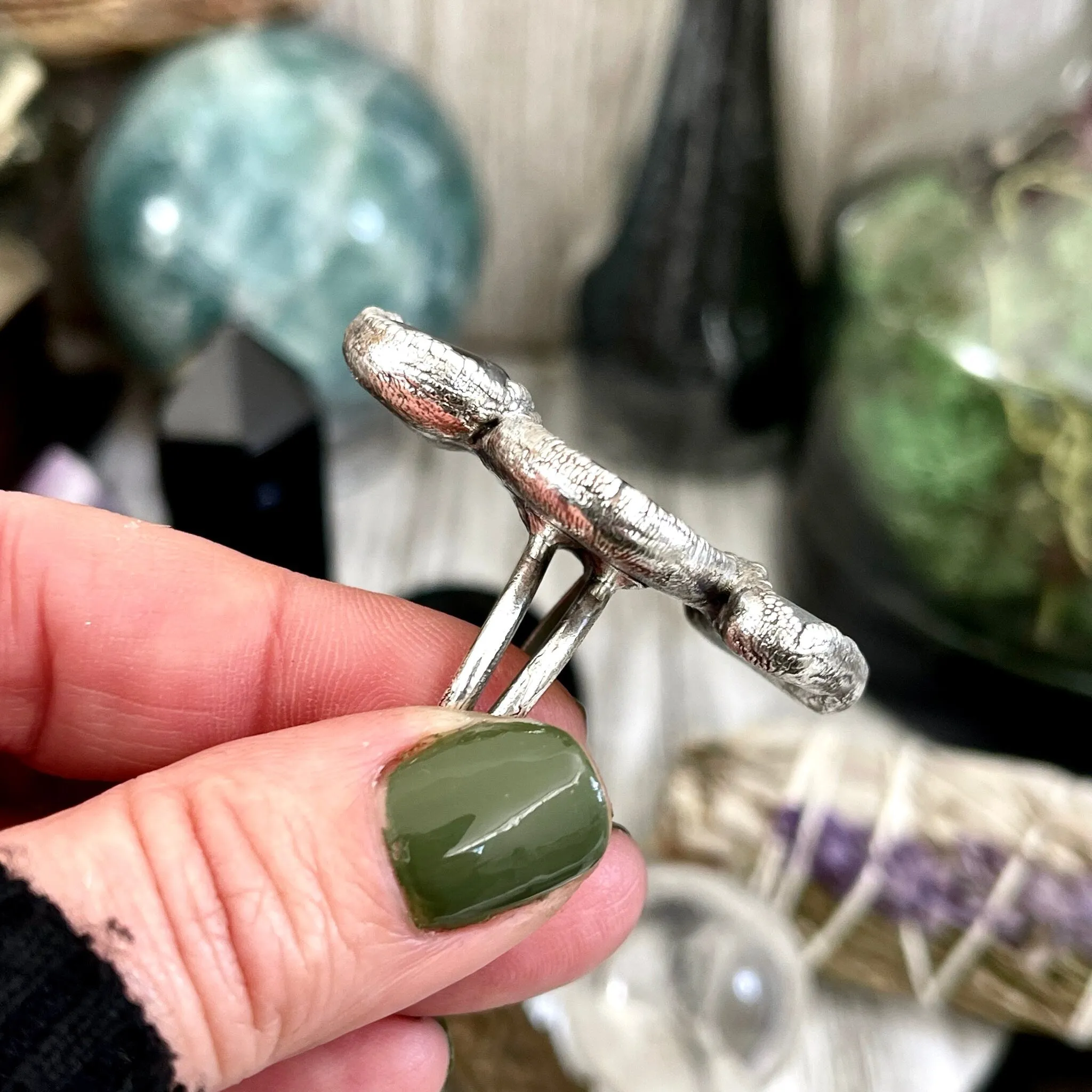 Size 10 Three Stone Ring- Tourmaline Quartz River Rock Sea Glass Crystal Ring Fine Silver / Foxlark Collection - One of a Kind