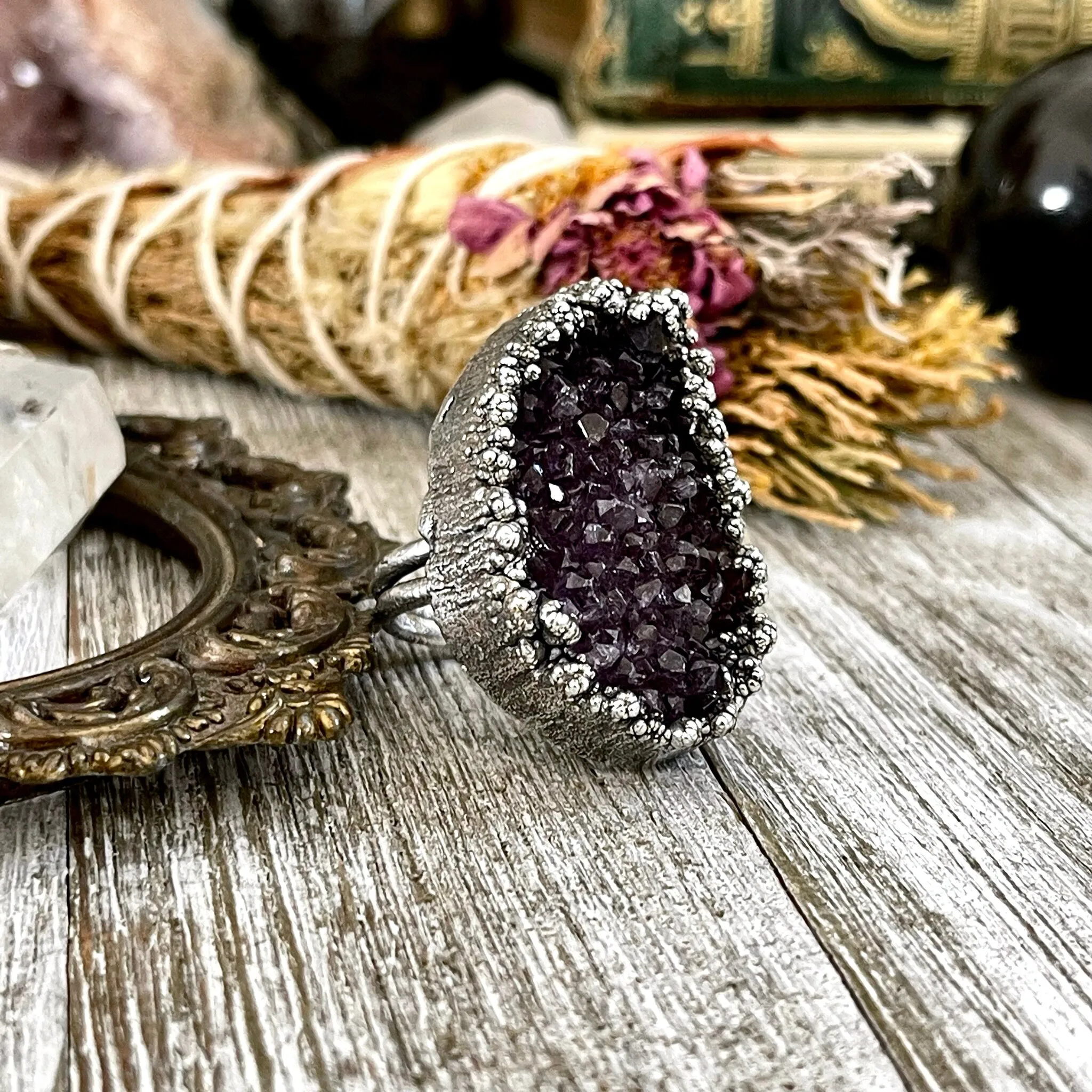 Size 8.5 Big Raw Amethyst Purple Crystal Ring in Fine Silver / Foxlark Collection - One of a Kind