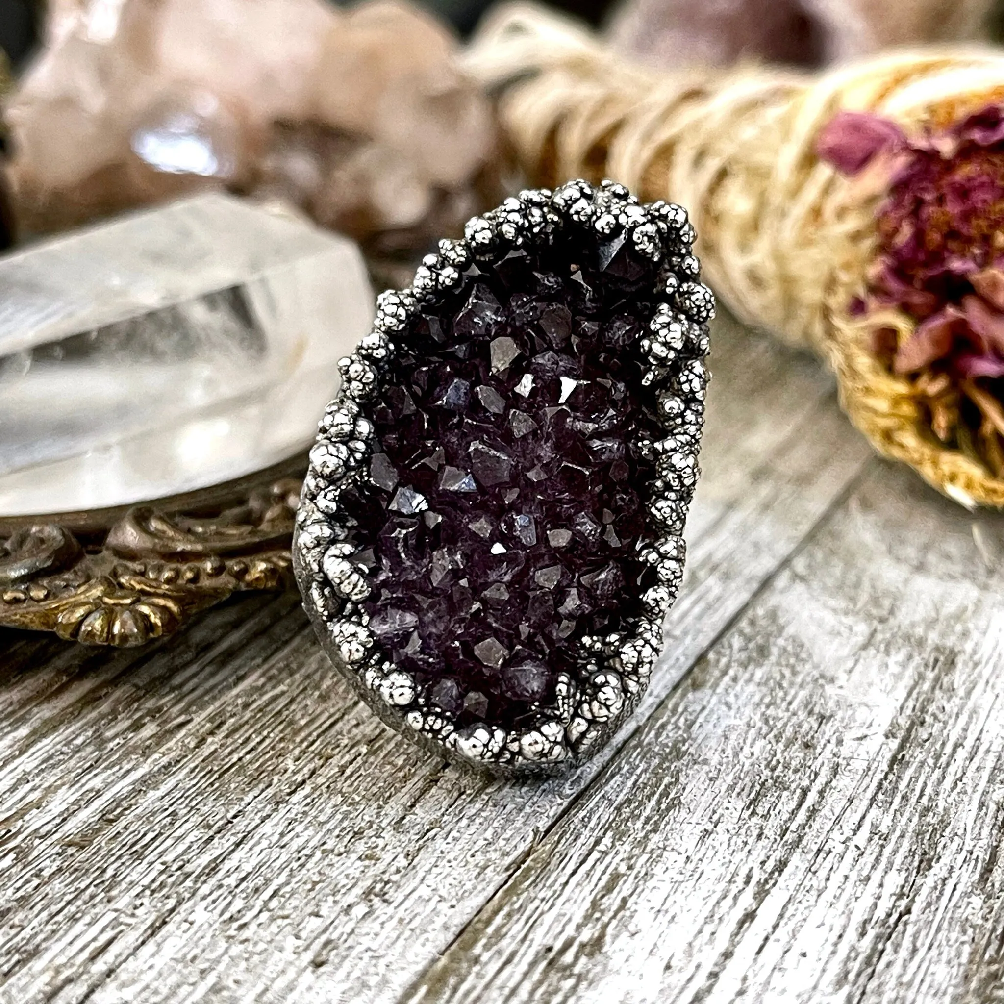 Size 8.5 Big Raw Amethyst Purple Crystal Ring in Fine Silver / Foxlark Collection - One of a Kind