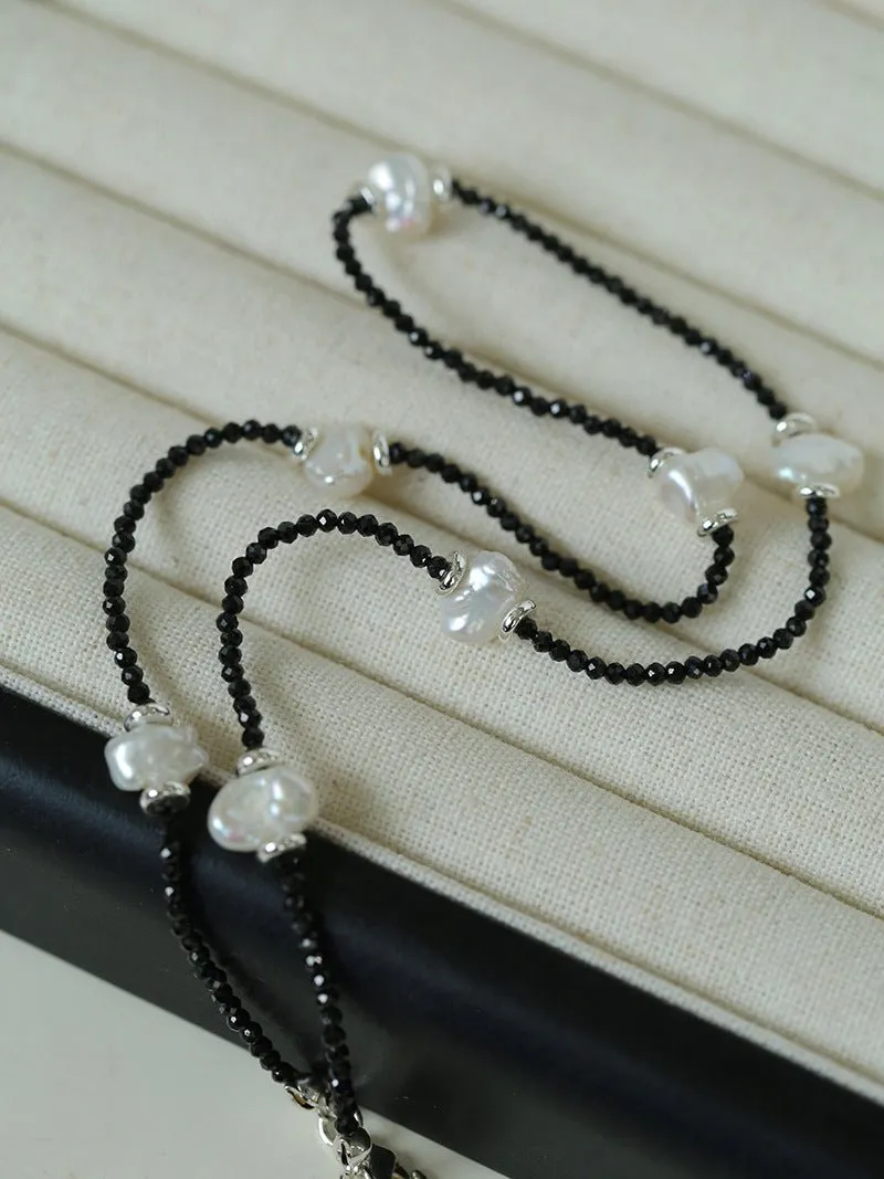 Small Petal Baroque Pearl and Black Spinel Beaded Necklace