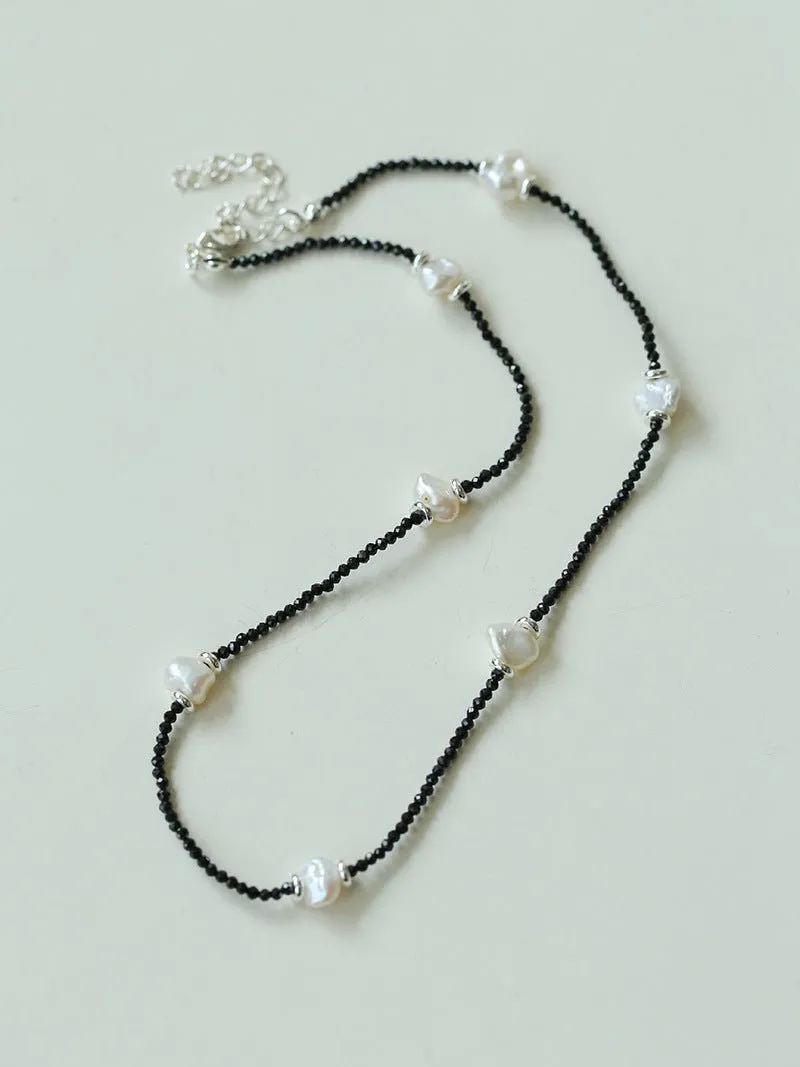 Small Petal Baroque Pearl and Black Spinel Beaded Necklace