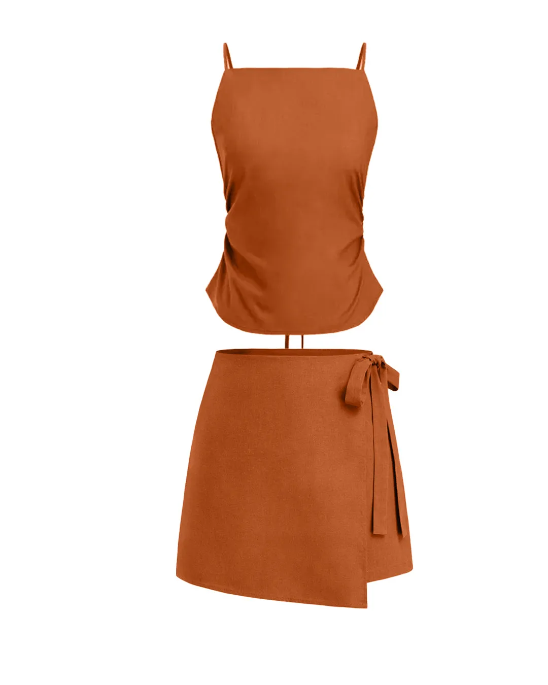 Square Neck Solid Ruched Knotted Cami Top & Mid Rise Solid Bowknot Mini Skirt In Rust Orange